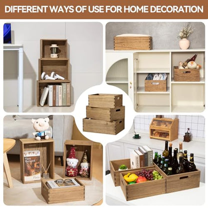 KIRIGEN Nesting Wooden Crates with Portable Handles for Home Organizer - Wood Rustic Decor Farmhouse Boxes / Basket Rolling Trays set of 3 Dark Brown