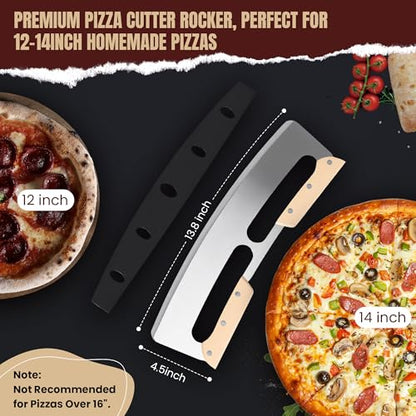 Gicyiit Pizza Cutter Rocker Blade with Wooden Handle, Premium 14inch Pizza Knife Rocker Cutter with Sharp Stainless Steel Blade and Protective Cover, Slicing Through Crust in One Single Rocking Motion