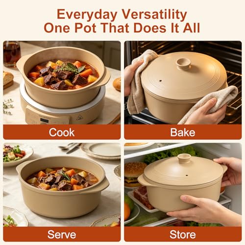 MAGNIFIQUE Slow Cooker, 4.5 Quart 8-in-1 Clay Pot Multi-Cooker, Non-Toxic Slow Cooker with Removable Clay Pot, for Rice, Pasta, Steam & Proof, Nonstick, Oven Safe Pot to 500°F, Brown