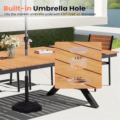 Pellebant 11 Piece Patio Table and Chairs Set, Aluminum Outdoor Dining Set with Umbrella Hole, 94" Dining Table & Stackable Chairs, Weather Resistant Teak Wood Grain Finish for Deck, Porch, Backyard