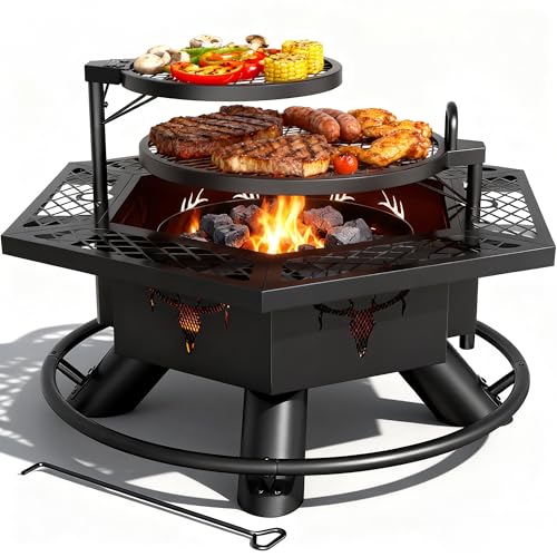 BALI OUTDOORS Fire Pit with BBQ, Outdoor Fire Pit for Wood Burning, Patio Firepits for Outside with Grill