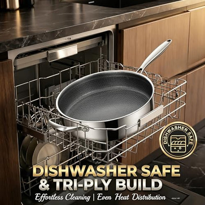 Inqibee 5 QT Hybrid Nonstick Saute Pan with Lid, Long Handle Tri-Ply Stainless Steel Skillet, 12 Inch Deep Frying Pan, PFOA & PFOS Free, Induction Compatible, All Cooktops, Oven & Dishwasher Safe