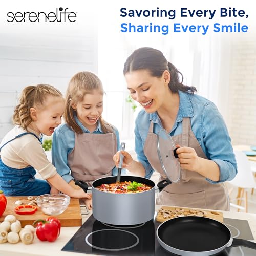 SereneLife Kitchenware Pots & Pans Basic Kitchen Cookware, Black Non-Stick Coating Inside, Heat Resistang Lacquer (11 Piece set), One Size, Gray