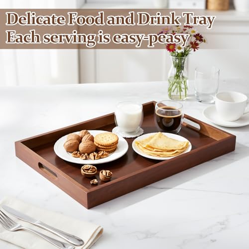 HANLANXUE 2 Pcs 17 Inch Acacia Wood Serving Trays with Handles, Large Wooden Tray Platter for Ottoman, Breakfast in Bed, Coffee Table, Decorative Rectangular Tray for Living Room Bedroom Kitchen