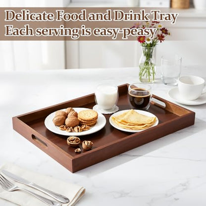 HANLANXUE 2 Pcs 17 Inch Acacia Wood Serving Trays with Handles, Large Wooden Tray Platter for Ottoman, Breakfast in Bed, Coffee Table, Decorative Rectangular Tray for Living Room Bedroom Kitchen