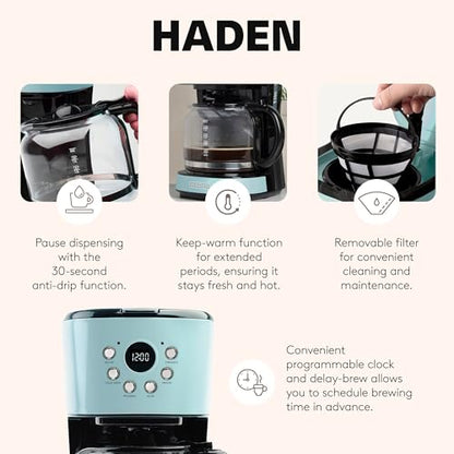 HADEN Coffee Machine, 12 Cup Programmable Drip Coffee Maker with Auto Shut-Off Function and Reusable Washable Water Filter, Turquoise & Chrome