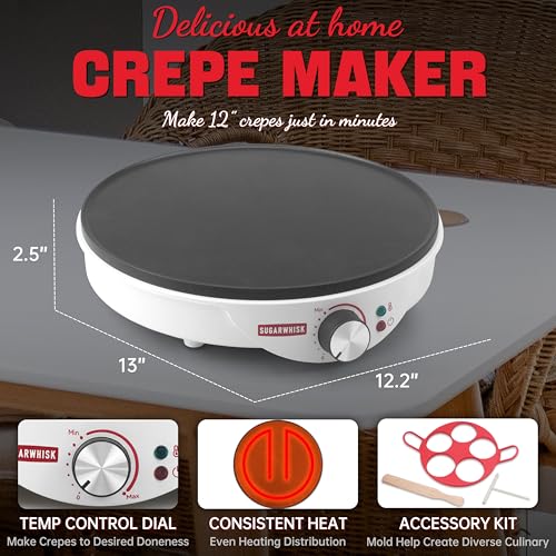 SugarWhisk Crepe Maker Electric, Crepe Pan 12 Inch with 5 X 4” Silicone Molds, Pancake Maker Machine for Pancakes & Tortilla & Fried Eggs, Batter Spreader & Spatula Included, White