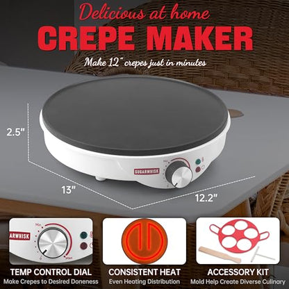 SugarWhisk Crepe Maker Electric, Crepe Pan 12 Inch with 5 X 4” Silicone Molds, Pancake Maker Machine for Pancakes & Tortilla & Fried Eggs, Batter Spreader & Spatula Included, White