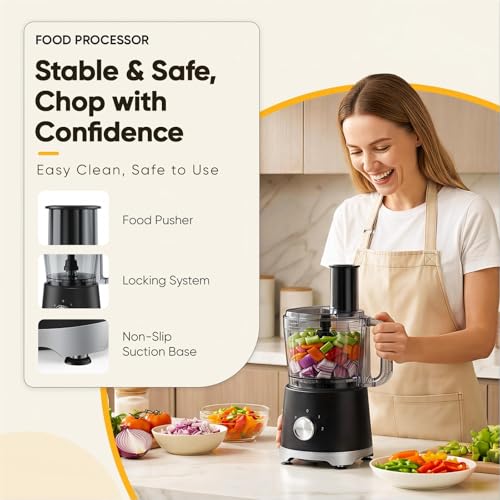 OLIXIS Food Processor 10.5 Cups, 600W Powerful Food processors with 5 Blades, Dishwasher Safe Meat Grinder for Slicing, Shredding, Chopping, Kneading, for Meat, Vegetables, Fruit, Dough