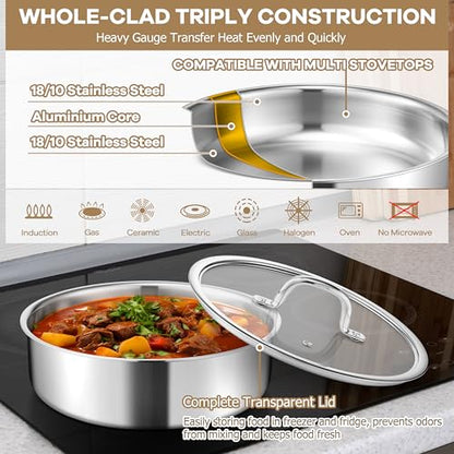 E-far 9pcs Stainless Steel Cookware Set, 3-Ply Pots and Pans Set w/Detachable Handle & Lid, Induction Cookware Kitchen Cooking Set for RV Camping, Nontoxic Whole Clad Frying/Saute/Sauce Pan, Oven Safe