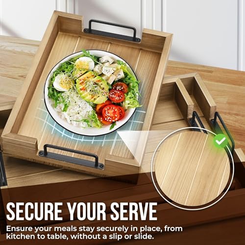 Flexzion Rustic Wooden Serving Trays Set of 3 with Handles, Stackable Fir Wood Ottoman Tray for Coffee Table, Breakfast in Bed, Charcuterie, Snacks, Drinks, Food Serving & Home Decor, Brown