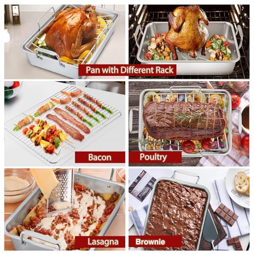 P&P CHEF Roasting Pan Set (8 PCS), 14 Inch Stainless Steel Turkey Roaster Pan, Flat & V-shaped Roasting Racks & Beer Can Chicken Holder, Meat Claws & Tenderizer, Brush, Healthy & Heavy Duty