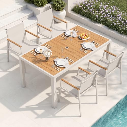 Oasbira Outdoor Dining Set for 4, Aluminum Patio Table and Chairs Set, 5-Piece All Weather Patio Dining Furniture Set with Umbrella Hole for Backyard, Deck, Poolside (White-Teak)