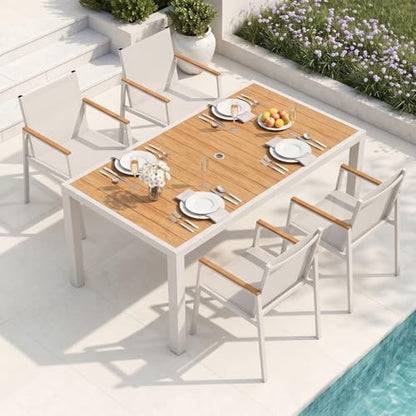 Oasbira Outdoor Dining Set for 4, Aluminum Patio Table and Chairs Set, 5-Piece All Weather Patio Dining Furniture Set with Umbrella Hole for Backyard, Deck, Poolside (White-Teak)