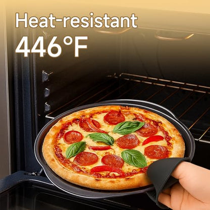 Arimagroup 2 Pack 13 Inch Pizza Pan for Oven,Round Carbon Steel Pizza Pan with Holes, Pizza Tray with 2 Silicone Gloves，for Baking, Grilling