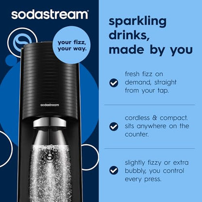 SodaStream Terra Sparkling Water Maker Machine, with 1 Litre Reusable BPA-Free Water Bottle for Carbonating & 60 Litre Quick Connect CO2 Gas Cylinder – Black
