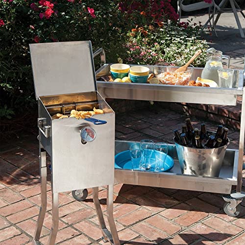 Bayou Classic 700-725 2.5-gal Stainless Bayou Fryer Freestanding or Table Top Includes Stainless Mesh Basket Fry Thermometer Drain Valve High Pressure Regulator w/ 48-in Stainless Braided LPG Hose