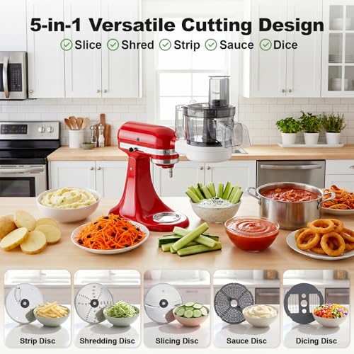Food Processor Attachment for KitchenAid, 5-in-1 Vegetable Chopper & Dicer with Stainless Steel Blades, Includes Dicing, Slicing, Shredding, Strip Cutting, Sauce Discs and Storage Case by Focollk
