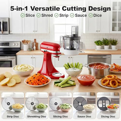 Food Processor Attachment for KitchenAid, 5-in-1 Vegetable Chopper & Dicer with Stainless Steel Blades, Includes Dicing, Slicing, Shredding, Strip Cutting, Sauce Discs and Storage Case by Focollk