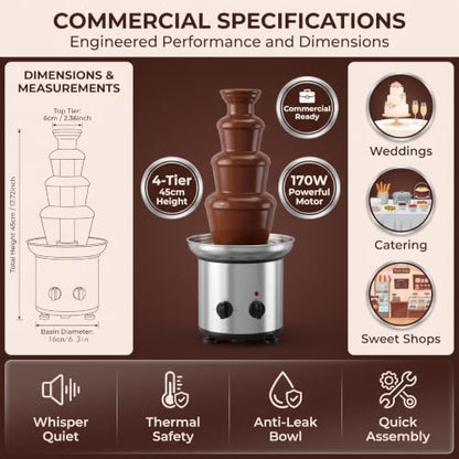 4 Tier Chocolate Fountain for Party, Stainless Steel Electric Chocolate Fondue Fountain Machine for Party