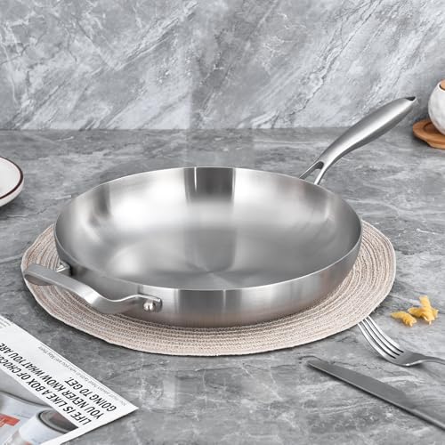 LOLYKITCH 14 Inch Tri-ply Stainless Steel Frying Pan with Lid and Helper Handle,Large Skillet,Induction Chef's Cooking Pan,Oven Safe and Detachable Handle