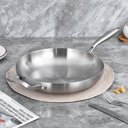 LOLYKITCH 14 Inch Tri-ply Stainless Steel Frying Pan with Lid and Helper Handle,Large Skillet,Induction Chef's Cooking Pan,Oven Safe and Detachable Handle