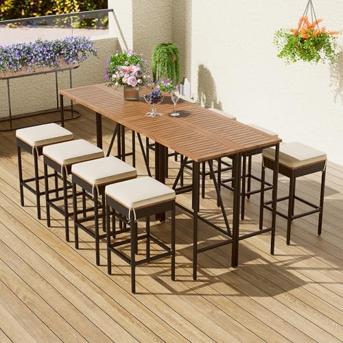Polibi 10-Piece Large Wicker Bar Set - Extendable Table & 8 Stools, Outdoor Entertaining Furniture, Brown