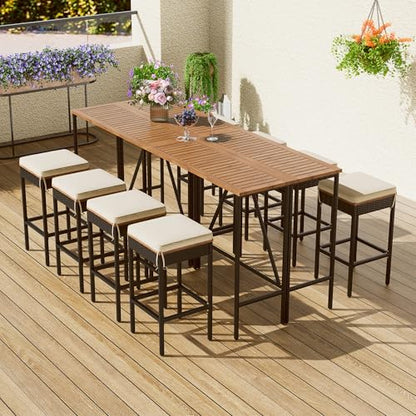 Polibi 10-Piece Large Wicker Bar Set - Extendable Table & 8 Stools, Outdoor Entertaining Furniture, Brown