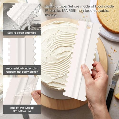 Armrouns 4 Pcs Cream Cake Scraper set, Plastic Decorating Sawtooth for baking, Sided Patterned Edge Stripe Edge Mousse Butter Cake Edge Tools Icing Smoother Kitchen Baking Cake Edge DIY Tool