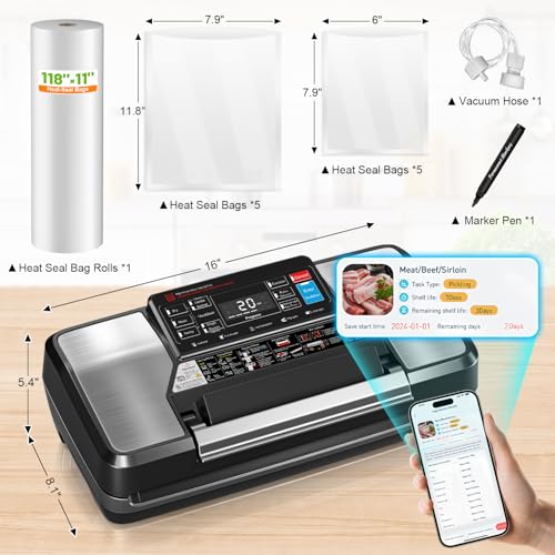 Vacuum Sealer Machine for Food with App,Double Heat Seal,Bag Storage