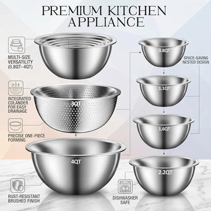 DUTZUN Heavy-Duty Stainless Steel Mixing Bowls Set of 5 plus 3QT Colander, Nesting Kitchen Metal Bowl for Baking Prep Salads Serving Cooking, Non-Toxic & Dishwasher Safe — 4.0 to 0.8 QT