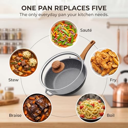 YASHE 12 Inch Nonstick Saute Pan with Glass Lid, 5 QT Large Deep Skillet & Frying Pan, Healthy Granite Stone Cookware for Family, One Pan Replaces Five, Induction Compatible, PFOA Free