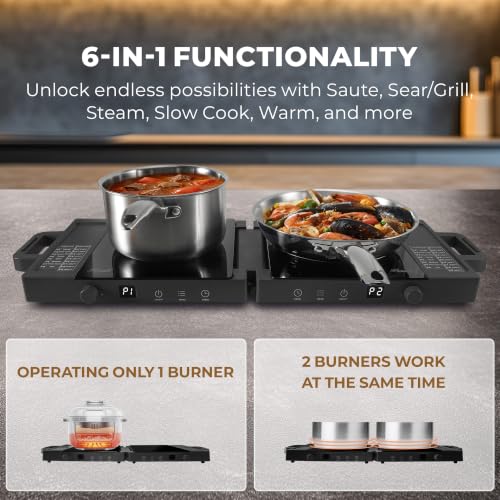 Rosewill Foldable Dual Induction Cooktop Burner, 1800W Portable Double Burner with 8 Cooking Modes & 9-Hour Timer, Auto Shutoff, Electric Stove for Home, Dorms, RVs, Small Kitchen - Black
