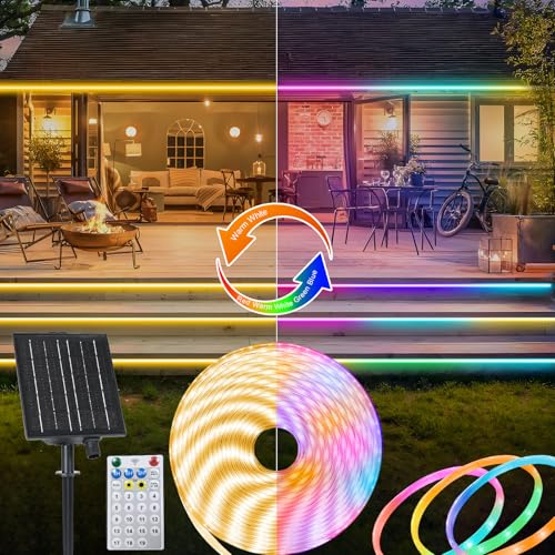 ZAIYW 32.8Ft Dual Color Changing Solar LED Strip Lights Outdoor, IP68 Waterproof Strip Lights with Timer Remote, Self-Adhesive Cuttable Light Strip for Yard Garden Decor (Warm White & Multicolor)