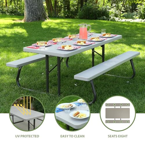 LIFETIME 6‑Foot Folding Picnic Table, Outdoor Portable Bench Seating for 8, UV‑Protected HDPE, Powder‑Coated Steel Frame, Stain‑Resistant, Folds Flat for Storage