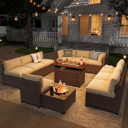 Aoxun Patio Furniture Sets, 12-Piece Outdoor Patio Furniture with 44'' Propane Gas Firepit Table, Wicker Outdoor Conversation Set Sectional Sofa for Backyard, Poolside, Garden