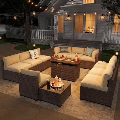 Aoxun Patio Furniture Sets, 12-Piece Outdoor Patio Furniture with 44'' Propane Gas Firepit Table, Wicker Outdoor Conversation Set Sectional Sofa for Backyard, Poolside, Garden