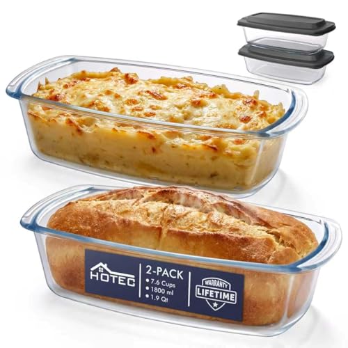 HOTEC 2-Pack LARGE 7.6 Cups/1800 ML/1.9 Qt Glass Loaf Pan, Microwave and Oven Safe - Loaf Pans For Food Storage Container, Bakeware for Bread, Lasagna, Potatoes, Meal Prep, Airtight Lid