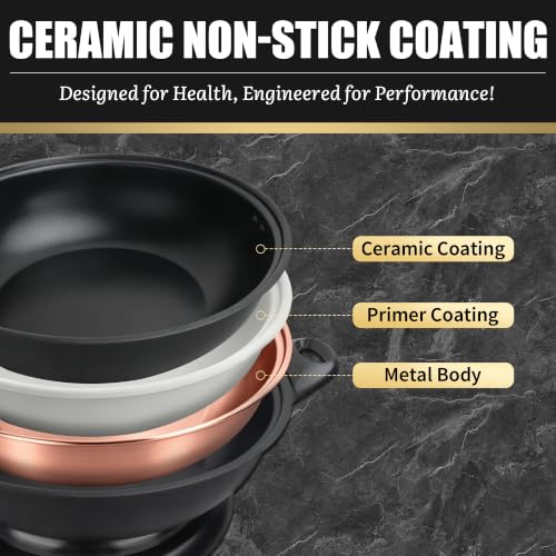 FineMade Electric Wok with Lid, 1400W, Ceramic Coating, Dishwash-safe
