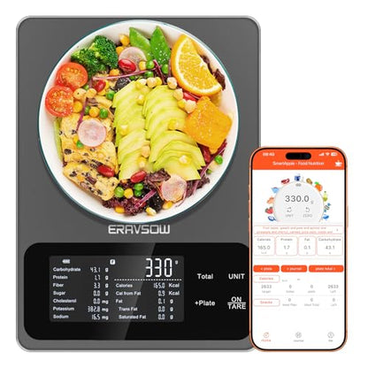 Smart Food Kitchen Scale with Nutritional Calculator, 30 Nutrients App for Tracking Calories, Fat, Carbs & Protein, Personal Goals and Daily Reports, On-Screen Nutrient Info, 22lb/10Kg