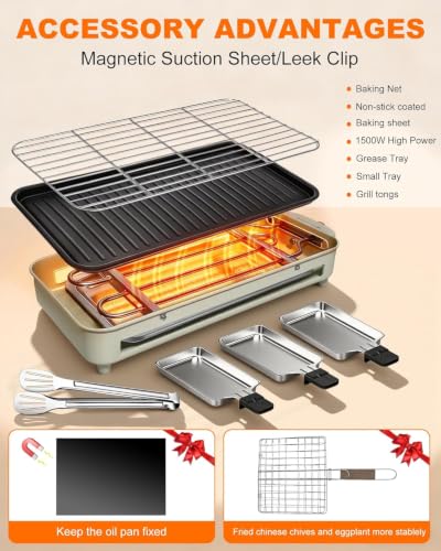 1500W Smokeless Electric Indoor Grill, 3 in 1 Korean Barbecue Grill with Net & Non-Stick Removable Plate and Magnet Strip, Temperature Control & Dishwasher Safe, Smokeless Korean BBQ for Kitchen Party