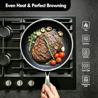 BRASA Nonstick Frying Pan 9.45-inch,Tri-Ply Stainless Steel Skillet,Honeycomb Ceramic Coating, Induction & All Cooktop Compatible,Dishwasher safe (PFOS, PFOA Free)(9.45 in+5.9 in trivet)