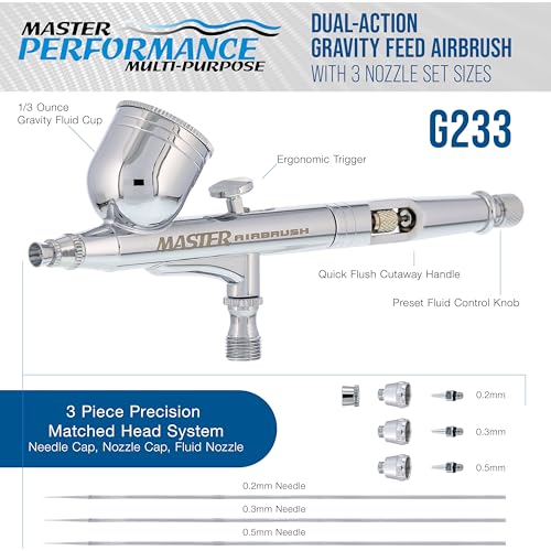 Master Airbrush G233 Performance Pro Airbrush Kit with 3 Nozzle Sets (0.2, 0.3 & 0.5mm Needles, Fluid Tips & Air Caps), Gravity Dual Action - Air Brush Guns for Painting, Aerografo Body Art & Cake