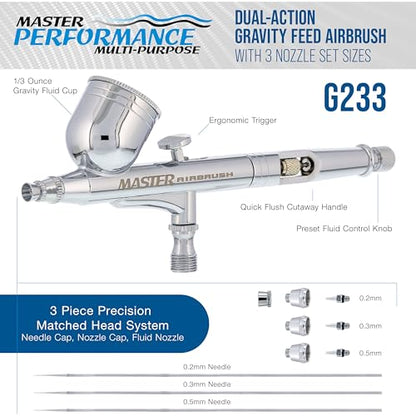 Master Airbrush G233 Performance Pro Airbrush Kit with 3 Nozzle Sets (0.2, 0.3 & 0.5mm Needles, Fluid Tips & Air Caps), Gravity Dual Action - Air Brush Guns for Painting, Aerografo Body Art & Cake