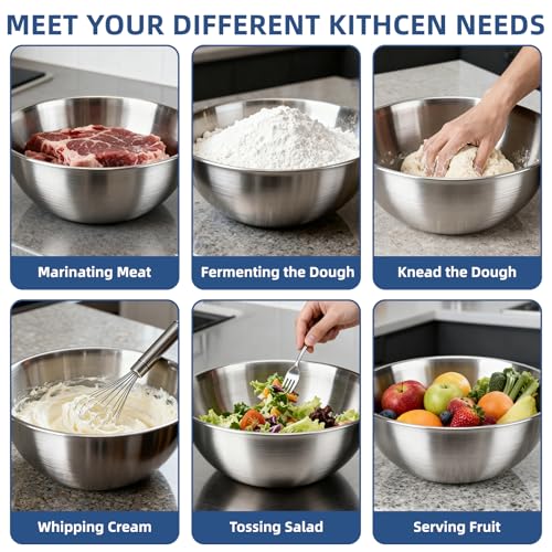 fecoqi 3-Piece Stainless Steel Mixing Bowls (7.1") Metal Bowl Set with Measurement Marks, Dishwasher Safe & Stackable - Perfect for Baking, Salad Making, Meal Prep and Kitchen Use