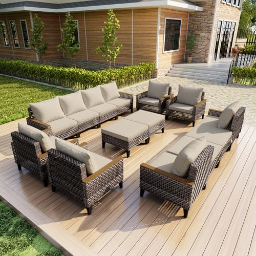 14 Pieces Outdoor Furniture Set, Patio Conversation Sets (Beige Cushions)