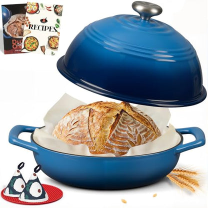Overmont Enameled Cast Iron Bread Oven - 6QT Bread Dutch Oven for Sourdough Baking - Bread Pot with Dome Lid Cotton Potholders & Cookbook - Multi-Functional Bread Pan For Baking Frying Roasting
