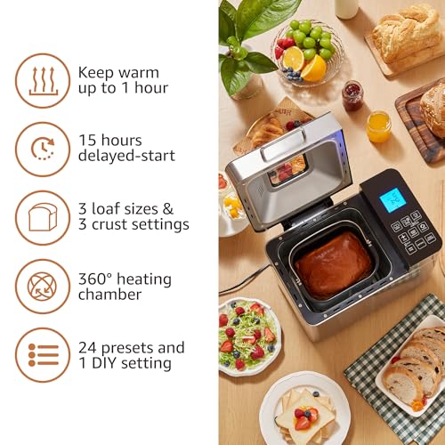 Elite Gourmet Programmable 2-Lb Bread Maker, PFAS Free Ceramic Ceralast™ Pan, Touch Screen Control Panel, 19 Functions, Gluten Free, White, Wheat, Rye & More, 3 Loaf Sizes, Stainless Steel