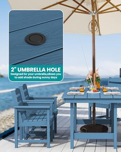 SERWALL 8-Piece Patio Dining Sets with 15FT Double Side Patio Umbrella, Outdoor HDPE Dining Furniture Set with Umbrella Hole Cut-Out Table and 6 Chairs, Blue（Umbreall Base not Included）