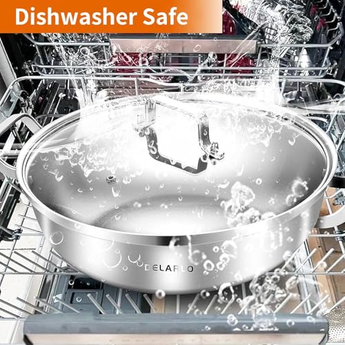 Delarlo Tri-Ply Stainless Steel Hot Pot 14 inch Everyday pan With lid, Everything Pan, Durable Deep Saute Pan, 7QT Induction Cooking Pot,Woks & Stir-Fry Pans Oven Safe Stock Pot